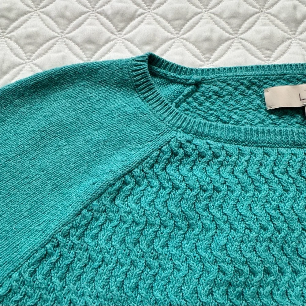 LOFT Teal Aqua Teal Blue Green Textured Knit Body Crewneck Sweater Sz M